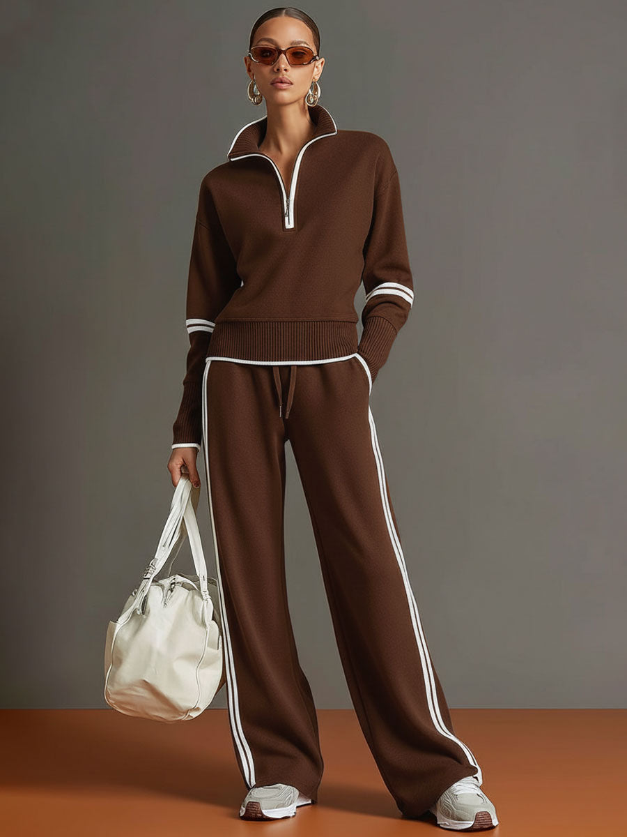 Retro Sporty Webbing Grey-white Half-zip Sweatshirt And Wide-leg Pants Set